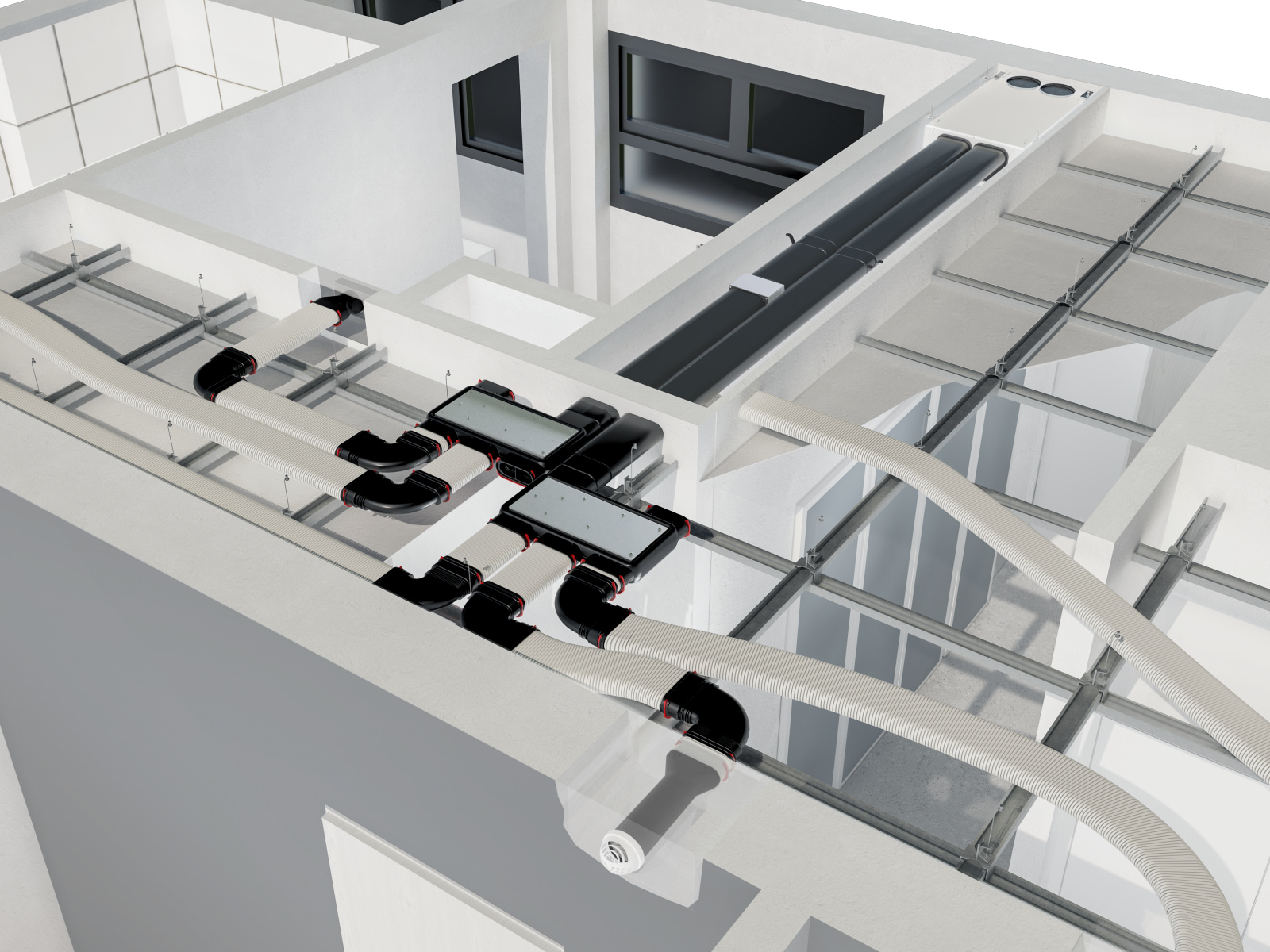 Zehnder_CSY_CAFit100_Renovation_Systemrendering_SingleFamilyFlat_Shot2 Rendering Zehnder ComfoAir Fit 100 Comfortable indoor ventilation Angled view